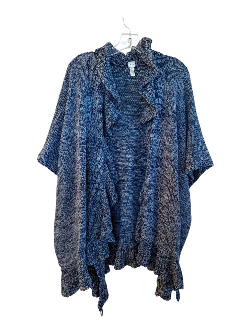 Chico's Navy Marled Ruffle-Trim Open Poncho